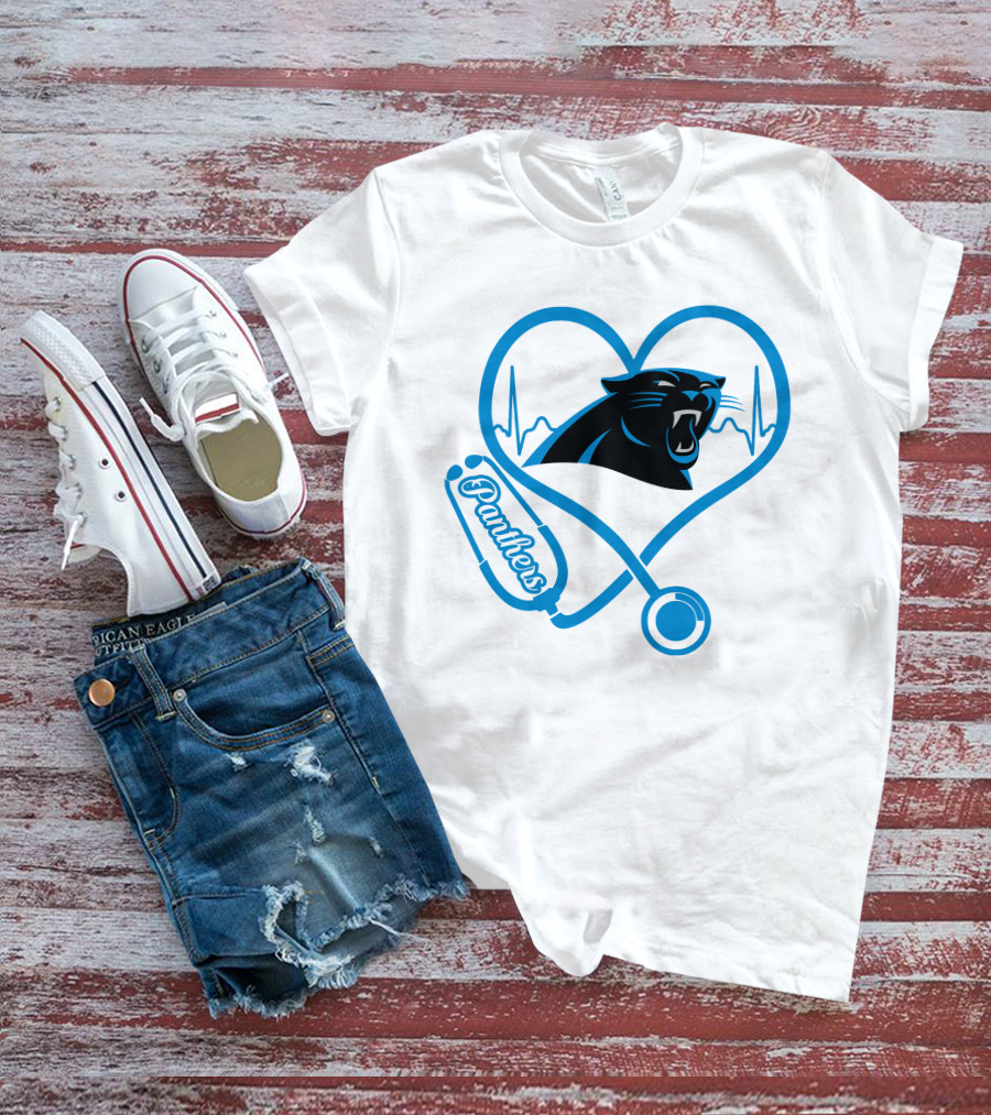 Carolina Panthers Nurse Love Stethoscope Heartbeat Panthers T-Shirt