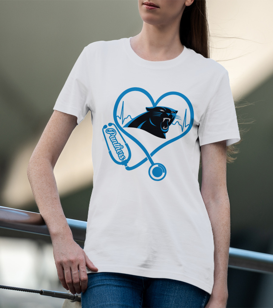 Carolina Panthers Nurse Love Stethoscope Heartbeat Panthers T-Shirt