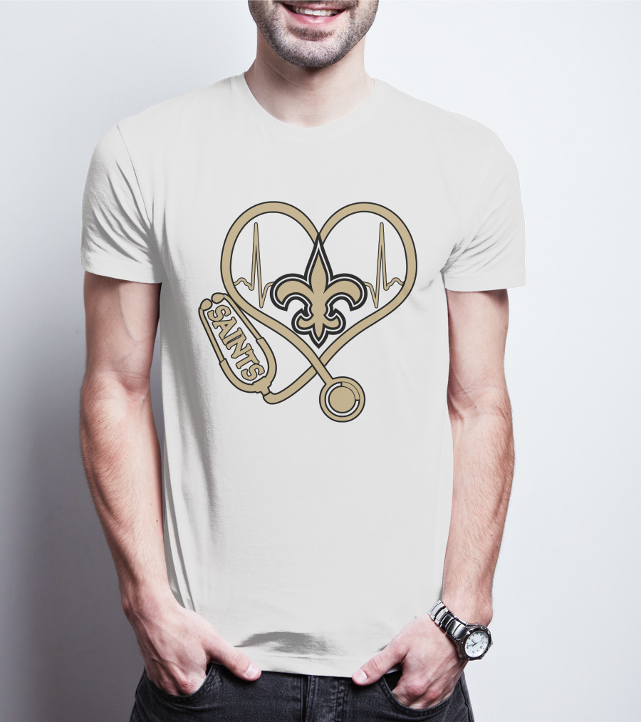 Nurse Love Saints Heartbeat Fleur-de-Lis Football T-Shirt