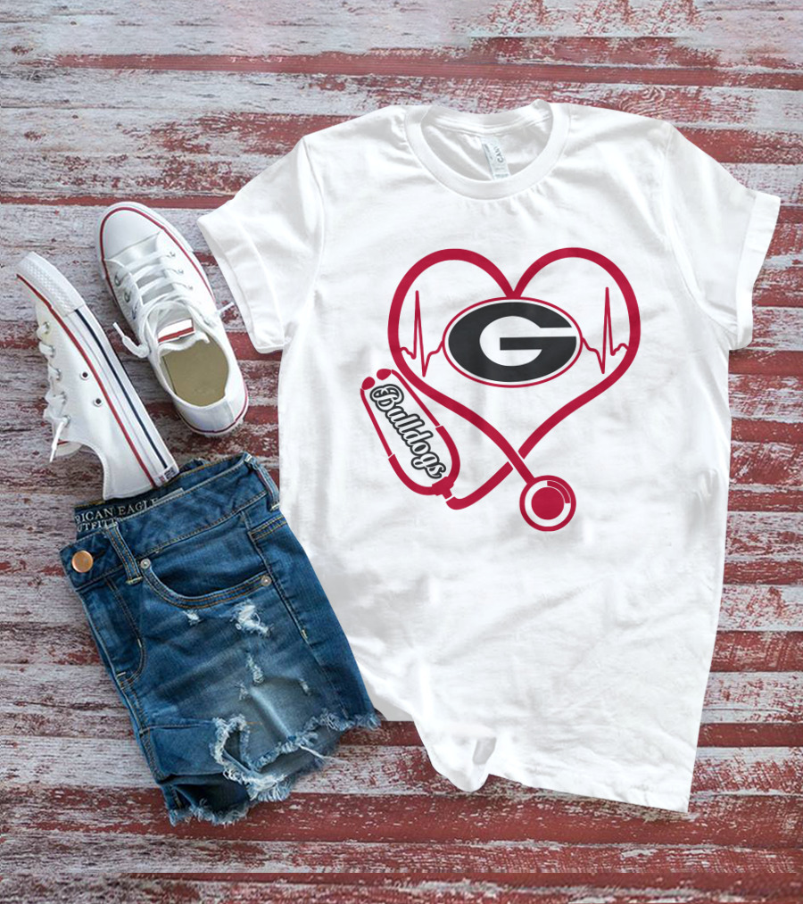 Nurse Heartbeat Love Georgia Bulldogs Stethoscope T-Shirt