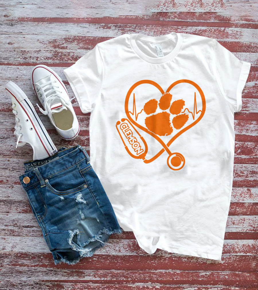 Clemson Tigers Nurse Heartbeat Paw Stethoscope T-Shirt