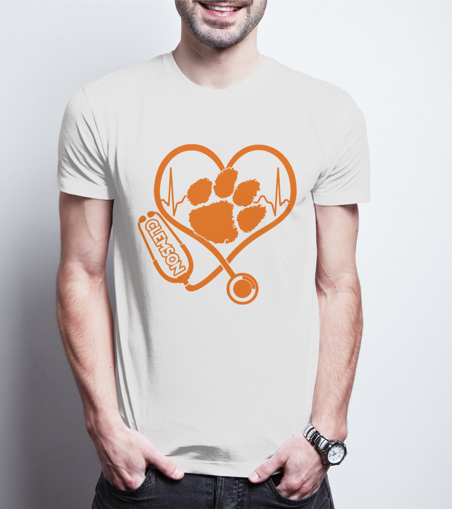 Clemson Tigers Nurse Heartbeat Paw Stethoscope T-Shirt