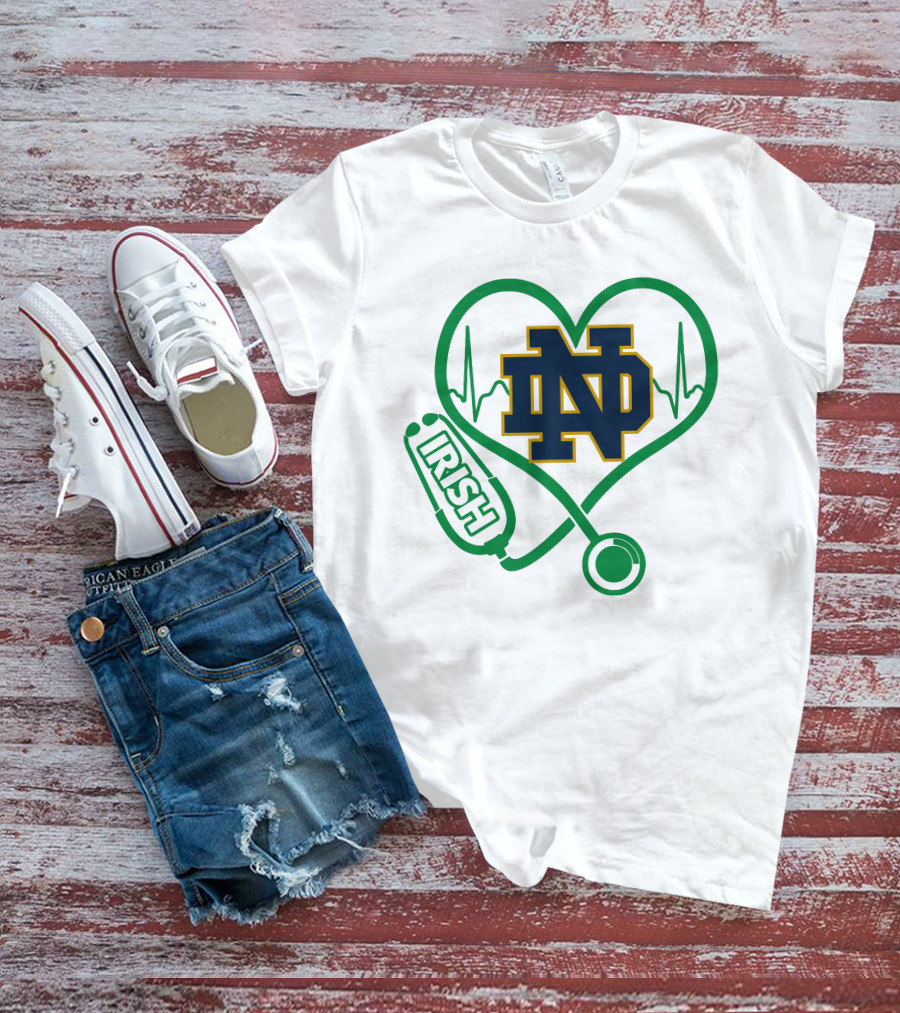 Nurse Love ND Irish Heartbeat Stethoscope Notre Dame Fighting Irish T-Shirt