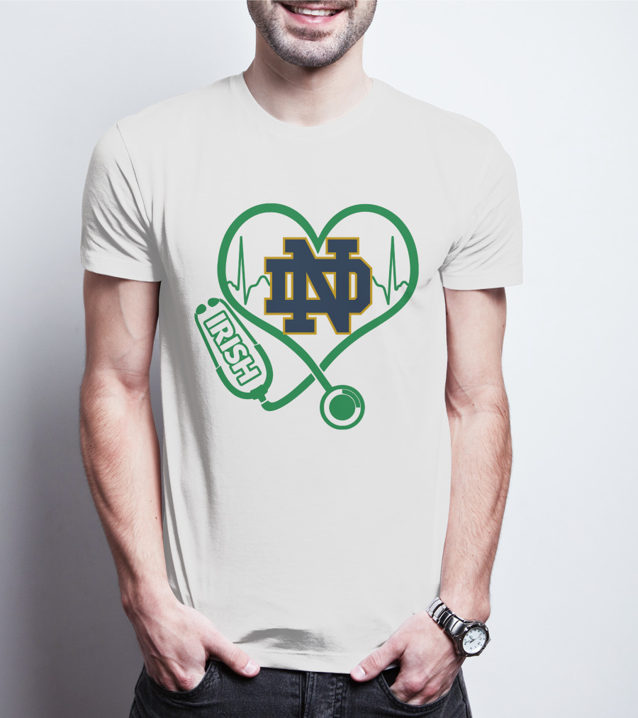 Nurse Love ND Irish Heartbeat Stethoscope Notre Dame Fighting Irish T-Shirt