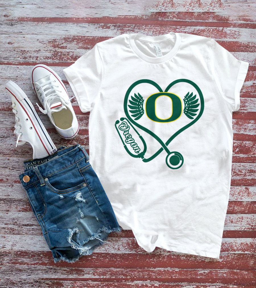 Oregon Ducks Nurse Heart Stethoscope T-Shirt