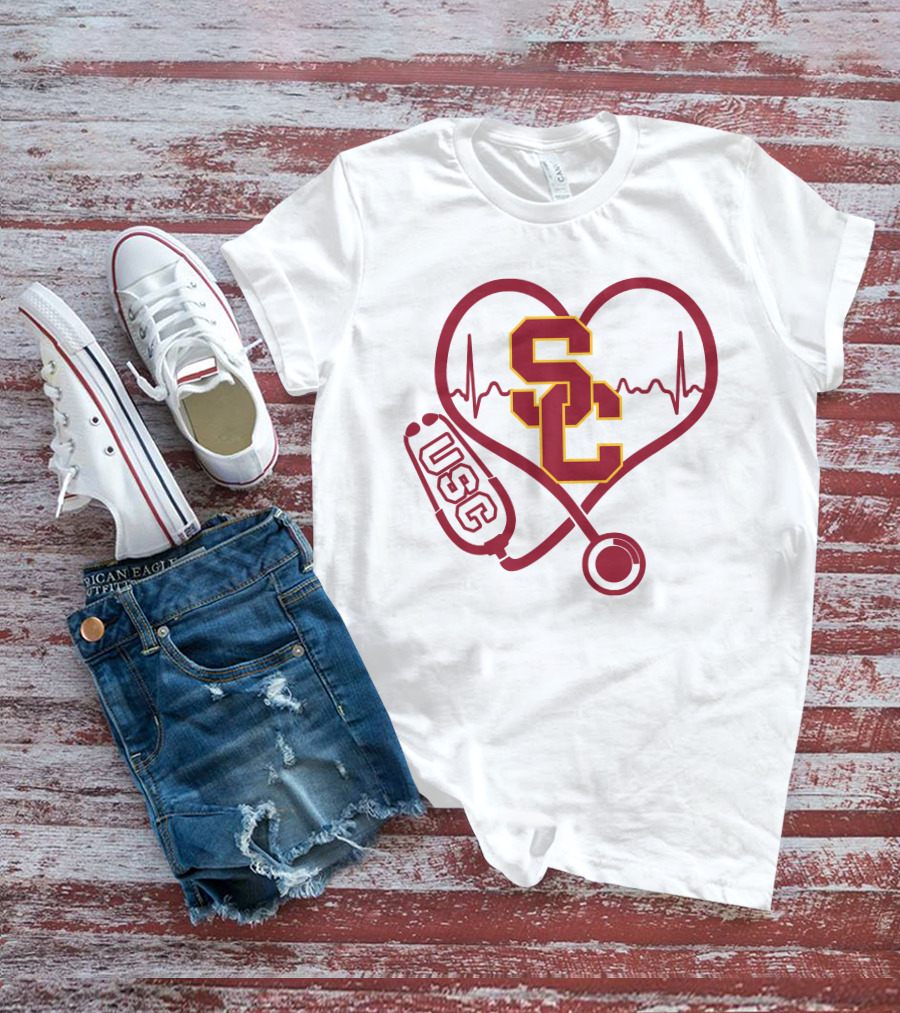 Nurse Love SC USC Trojans Heartbeat Stethoscope T-Shirt