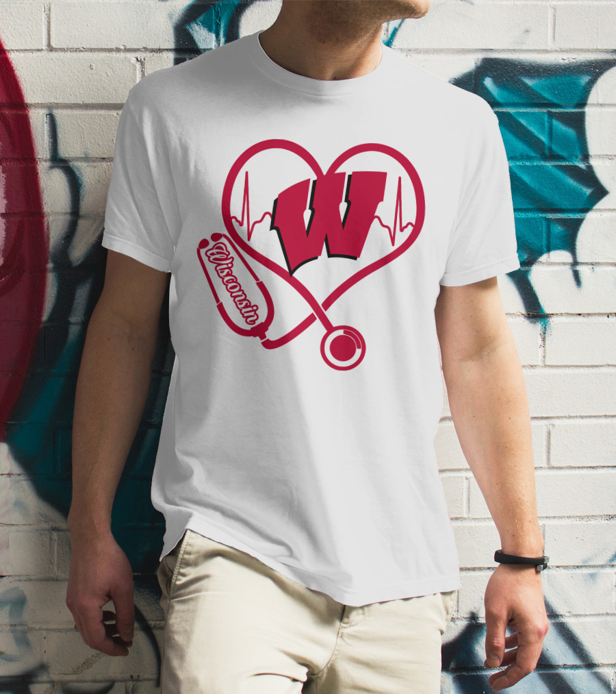 Nurse Love Wisconsin Badgers Heartbeat Stethoscope T-Shirt
