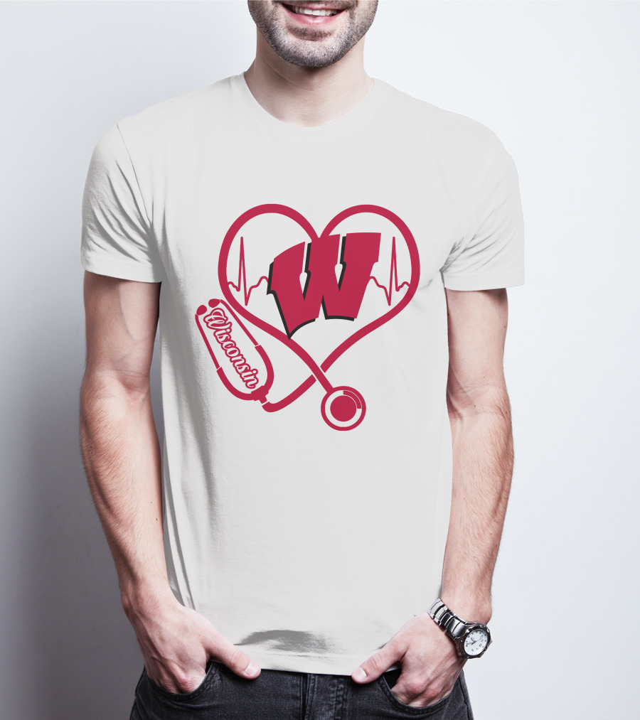 Nurse Love Wisconsin Badgers Heartbeat Stethoscope T-Shirt