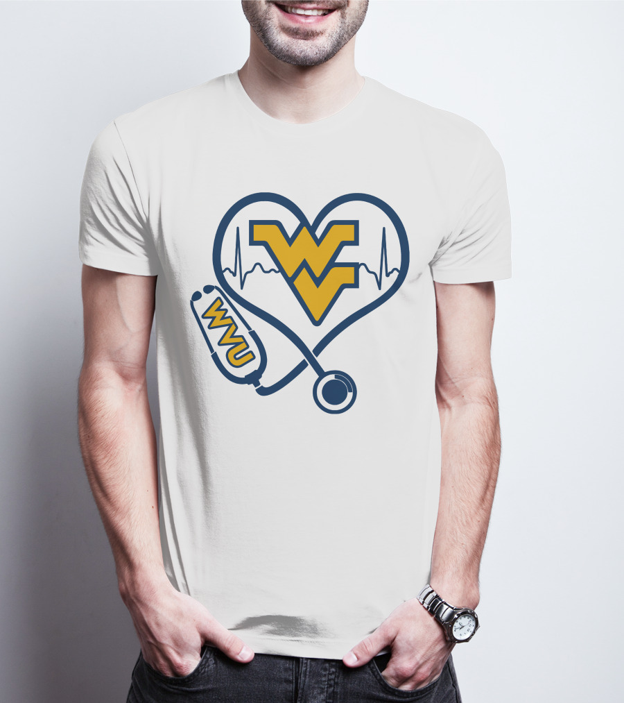 West Virginia Mountaineers Nurse Love WVU Stethoscope Heartbeat T-Shirt