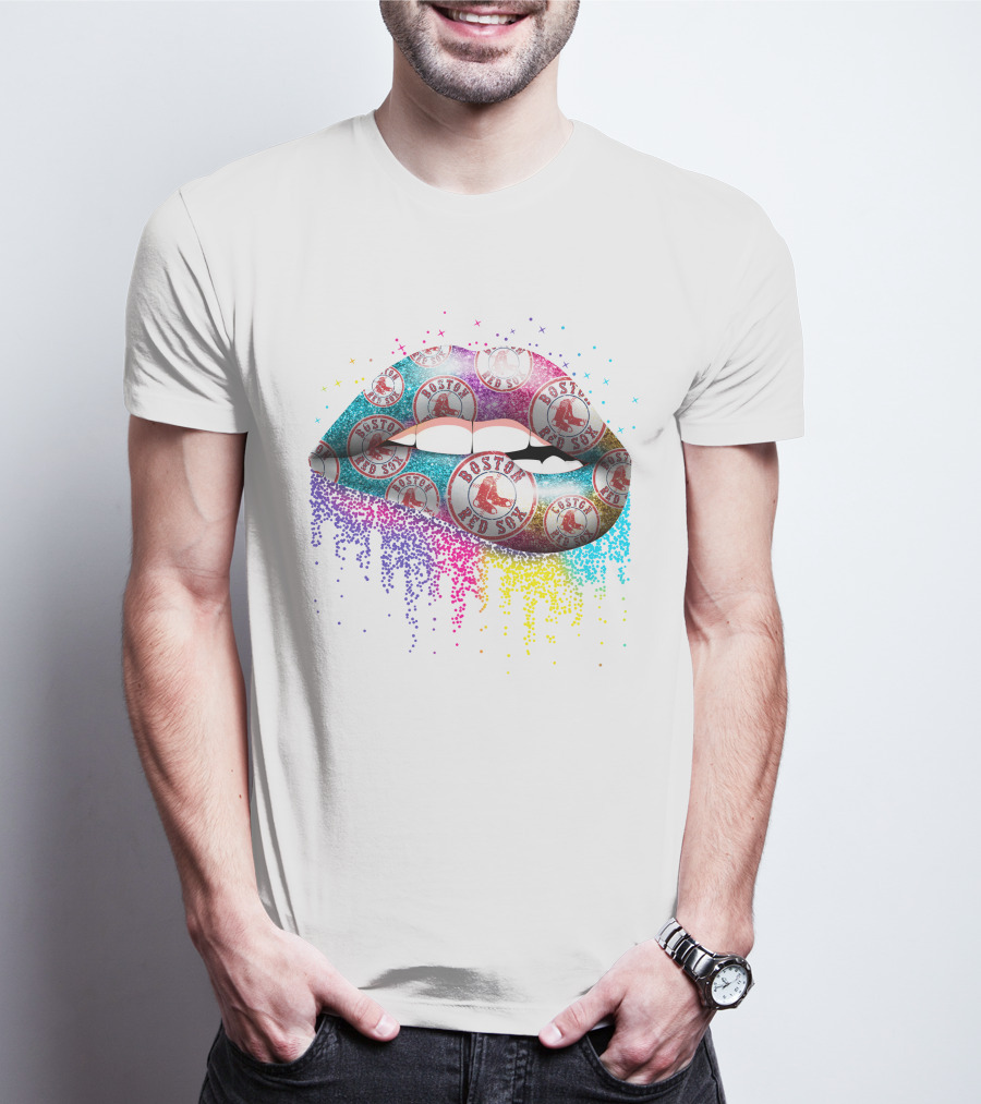 Boston Red Sox Lips Multicolor Sparkle T-Shirt