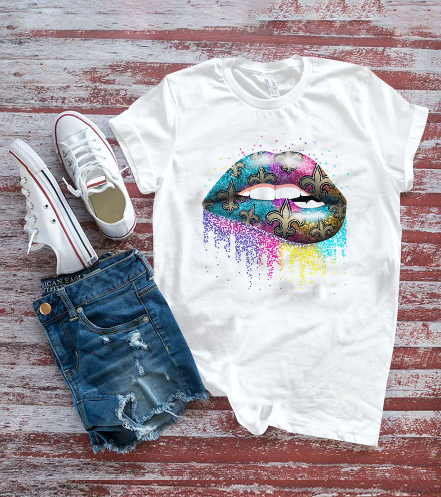 Colorful Glitter Lips Fleur-de-Lis New Orleans Saints T-Shirt