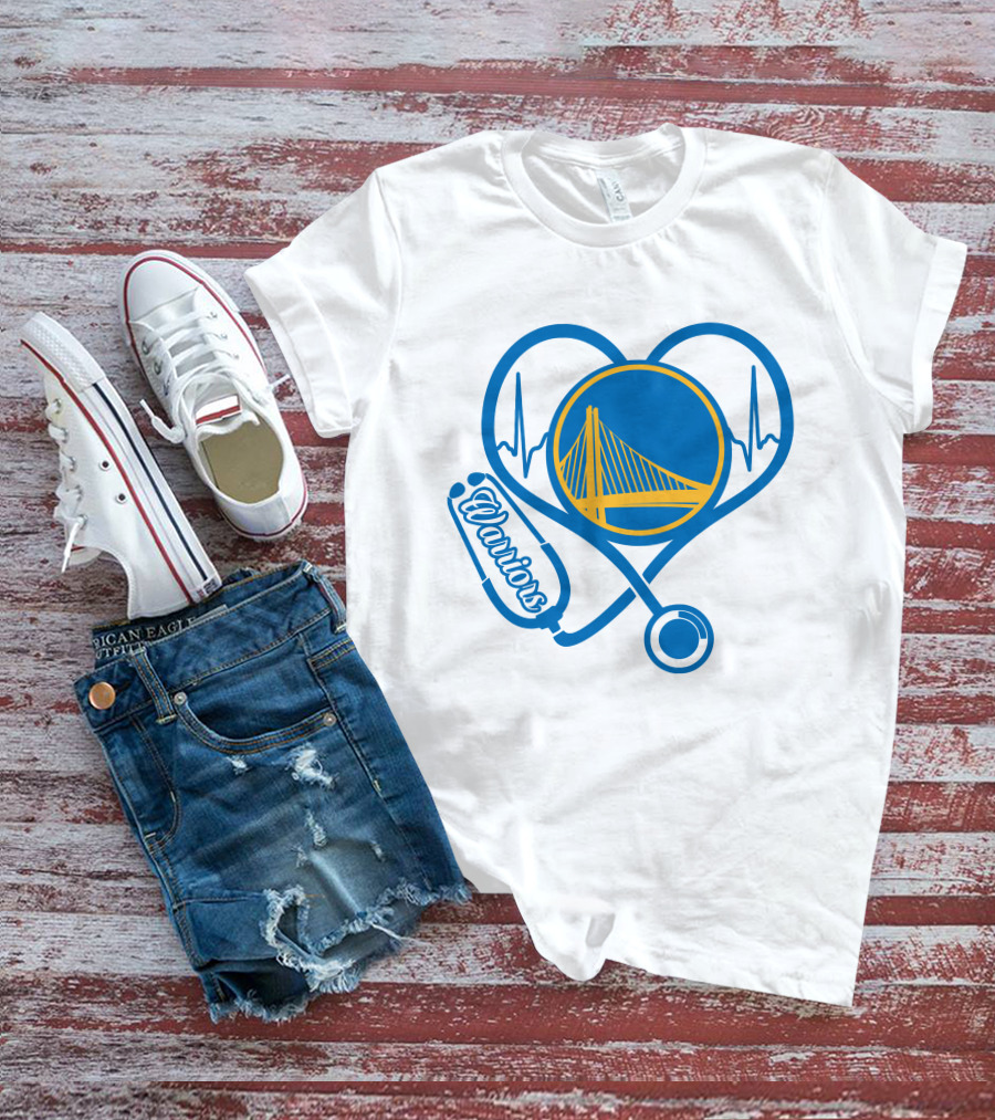 Nurse Love Warriors Heartbeat Stethoscope Golden State Bridge T-Shirt