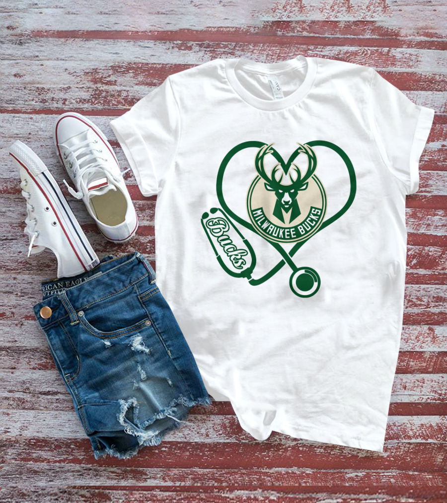 Milwaukee Bucks Nurse Love Heart Stethoscope T-Shirt