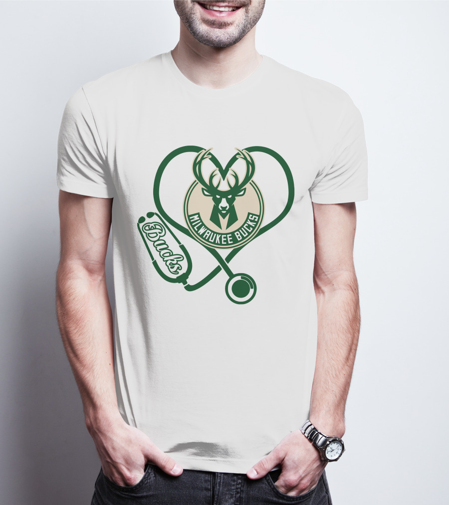 Milwaukee Bucks Nurse Love Heart Stethoscope T-Shirt