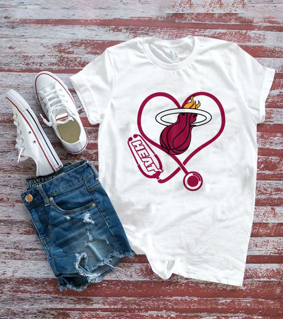 Nurse Love Miami Heat Heart Stethoscope Basketball Flame T-Shirt