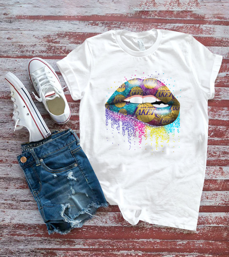 Lips Los Angeles Lakers Basketball Logo Glitter T-Shirt