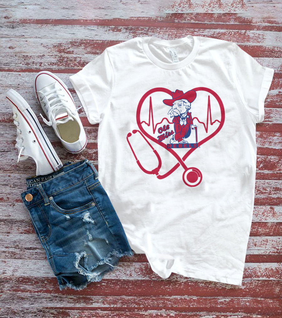 Nurse Love Ole Miss Rebels Heartbeat Stethoscope Mascot T-Shirt