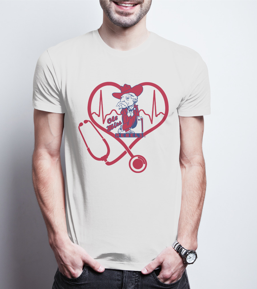 Nurse Love Ole Miss Rebels Heartbeat Stethoscope Mascot T-Shirt