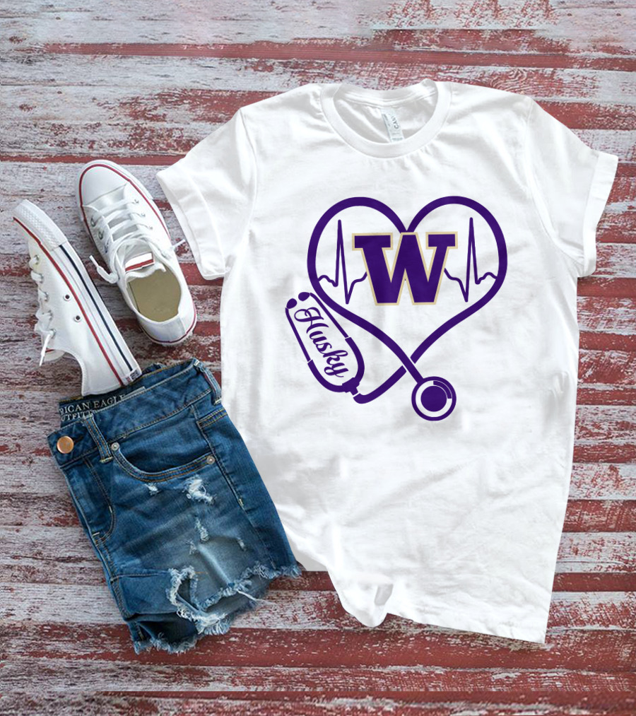 Washington Huskies Nurse Love Stethoscope Heartbeat T-Shirt