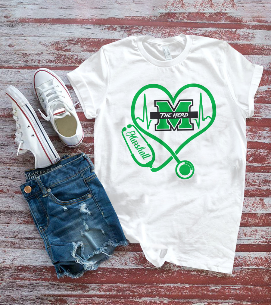Marshall Thundering Herd Nurse Love Heartbeat Stethoscope T-Shirt