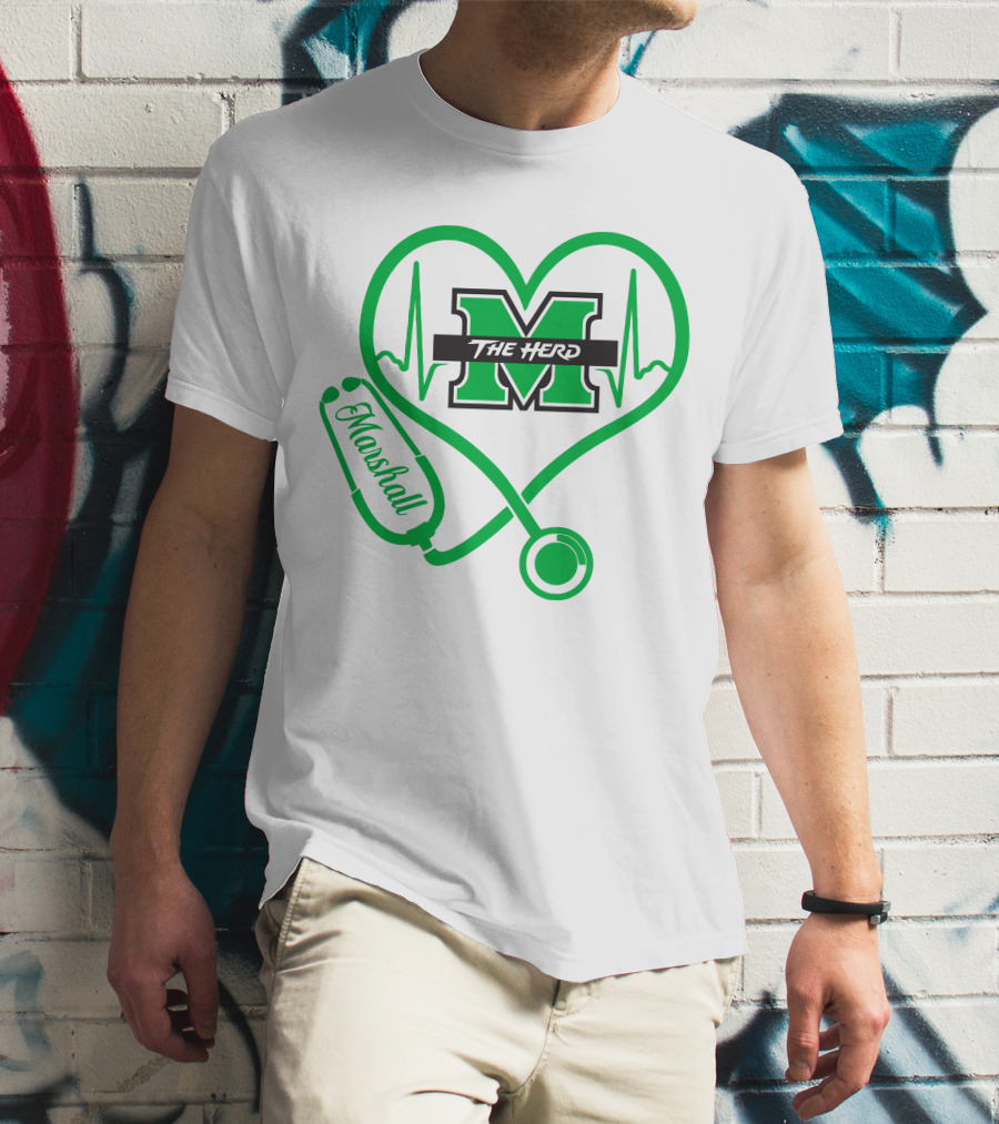 Marshall Thundering Herd Nurse Love Heartbeat Stethoscope T-Shirt