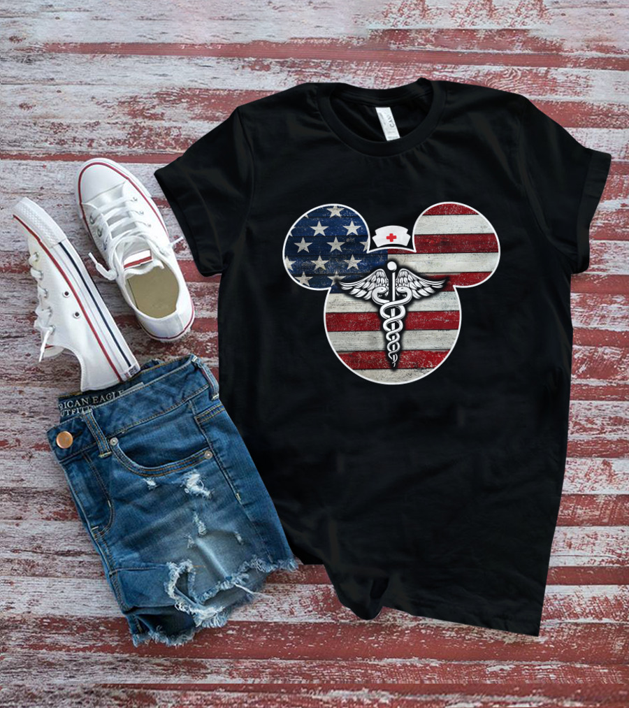 Patriotic Nurse Mickey With Caduceus And American Flag Elements T-Shirt