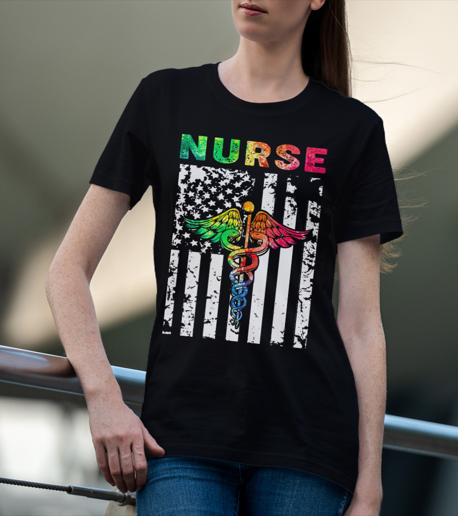 Nurse Usa Flag With Rainbow Caduceus Symbol T-Shirt