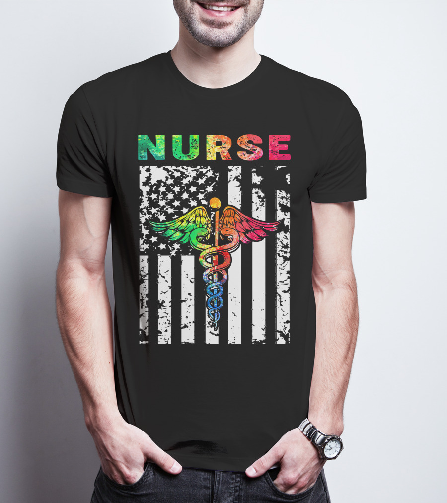 Nurse Usa Flag With Rainbow Caduceus Symbol T-Shirt
