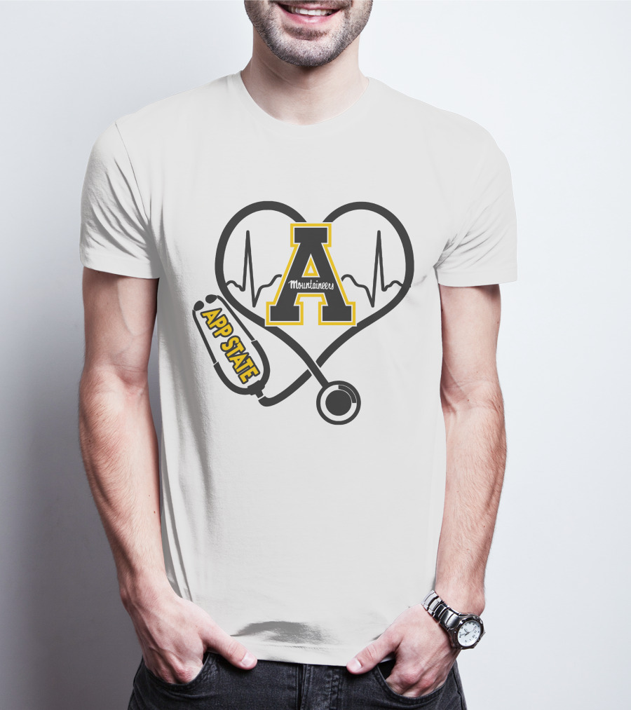 Nurse Heartbeat Love App State Mountaineers A Logo Stethoscope T-Shirt