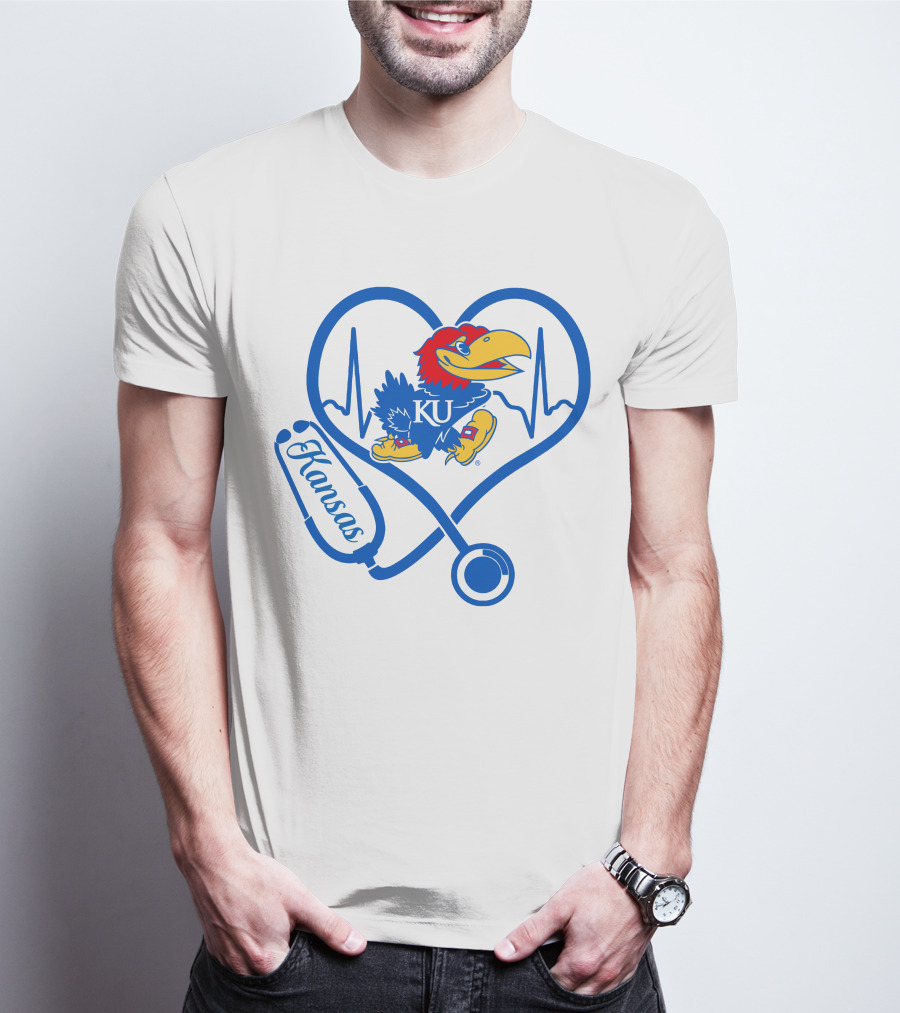 Nurse Love Kansas Jayhawks Heartbeat Stethoscope KU T-Shirt