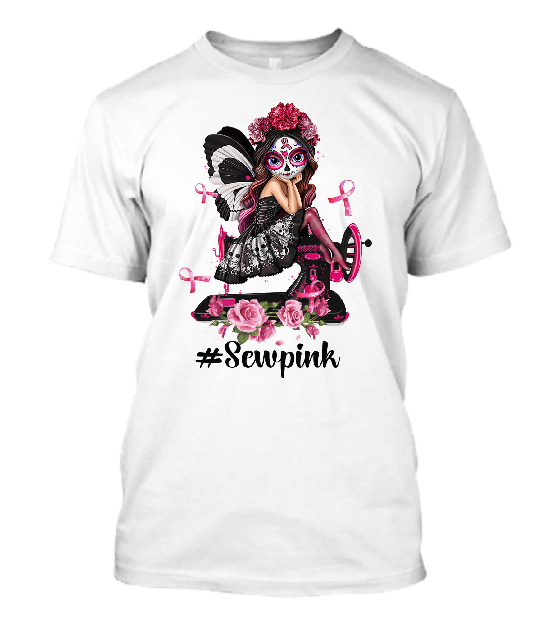 Sewpink Butterfly Sugar Skull Sewing Machine Ribbon Roses T-Shirt