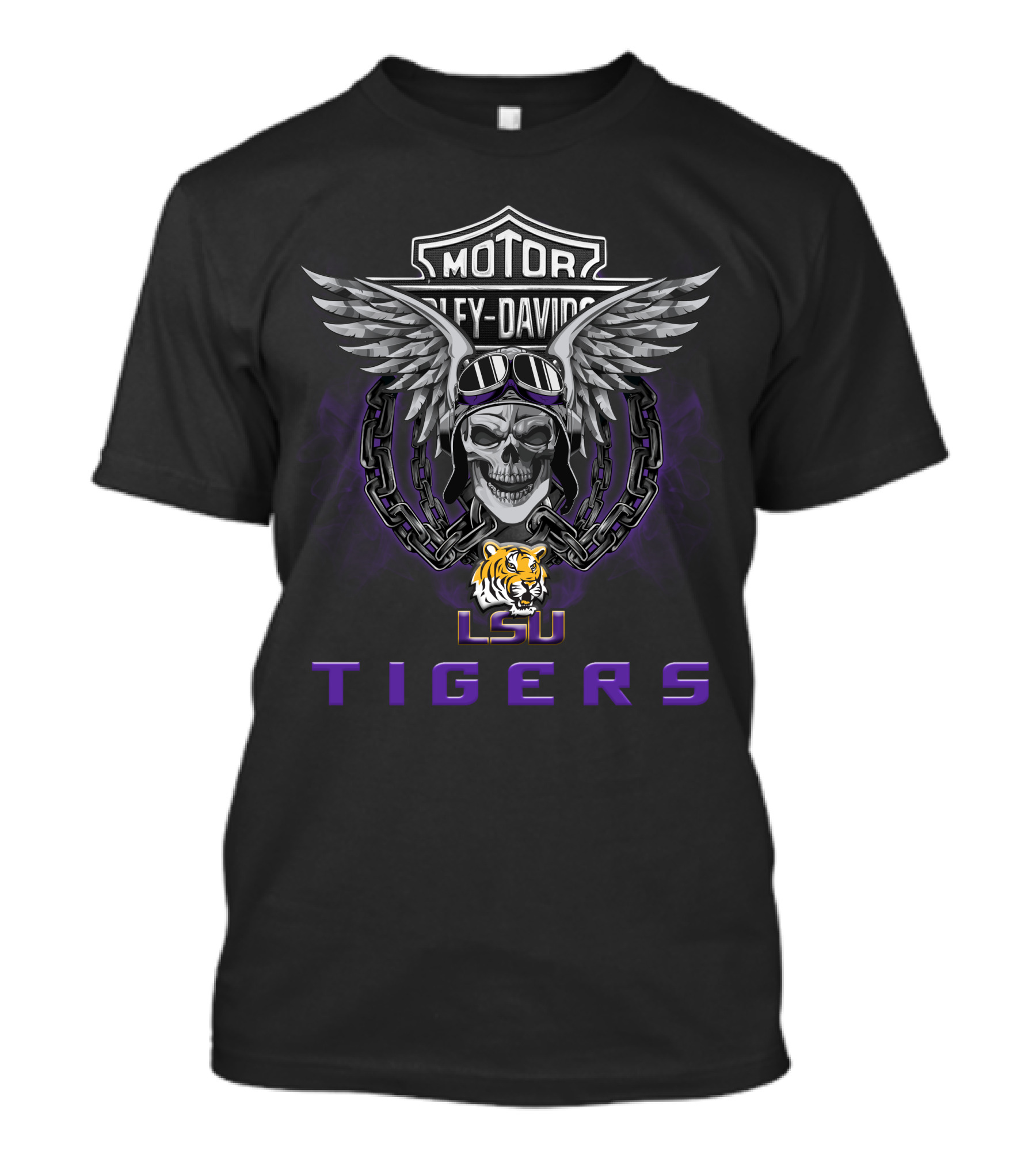 Harley Davidson Lsu Tigers Skull And Wings With Chain T-Shirt