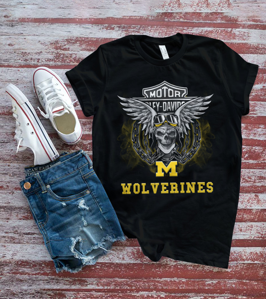 Harley Davidson Motor Michigan Wolverines Skull Wings Goggles M T-Shirt