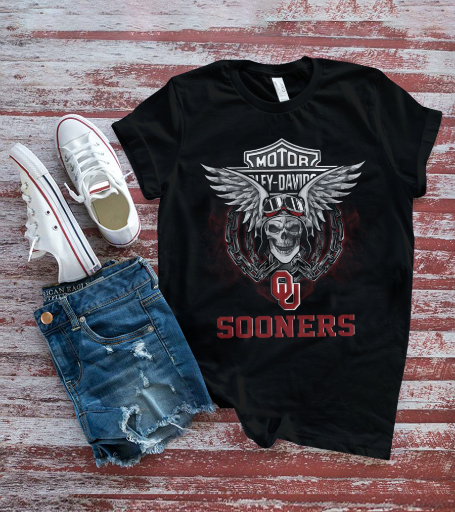 Harley Davidson Motor Oklahoma Sooners Skull Wings Goggles Chains T-Shirt