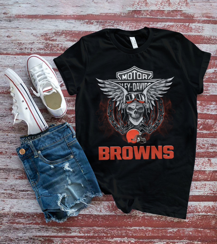 Harley Davidson Motorcycle Biker Skull Wings Nfl Cleveland Browns T-Shirt