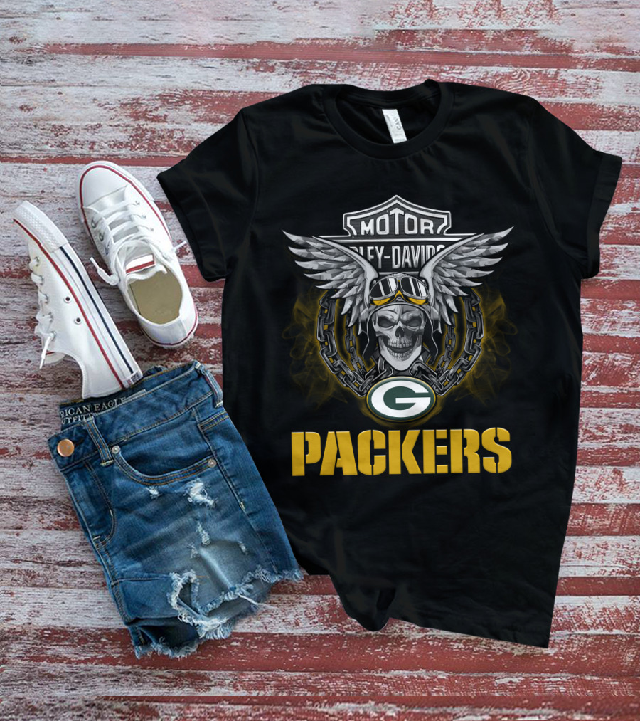 Harley Davidson Motor Skull With Winged Goggles And Nfl Green Bay Packers T-Shirt