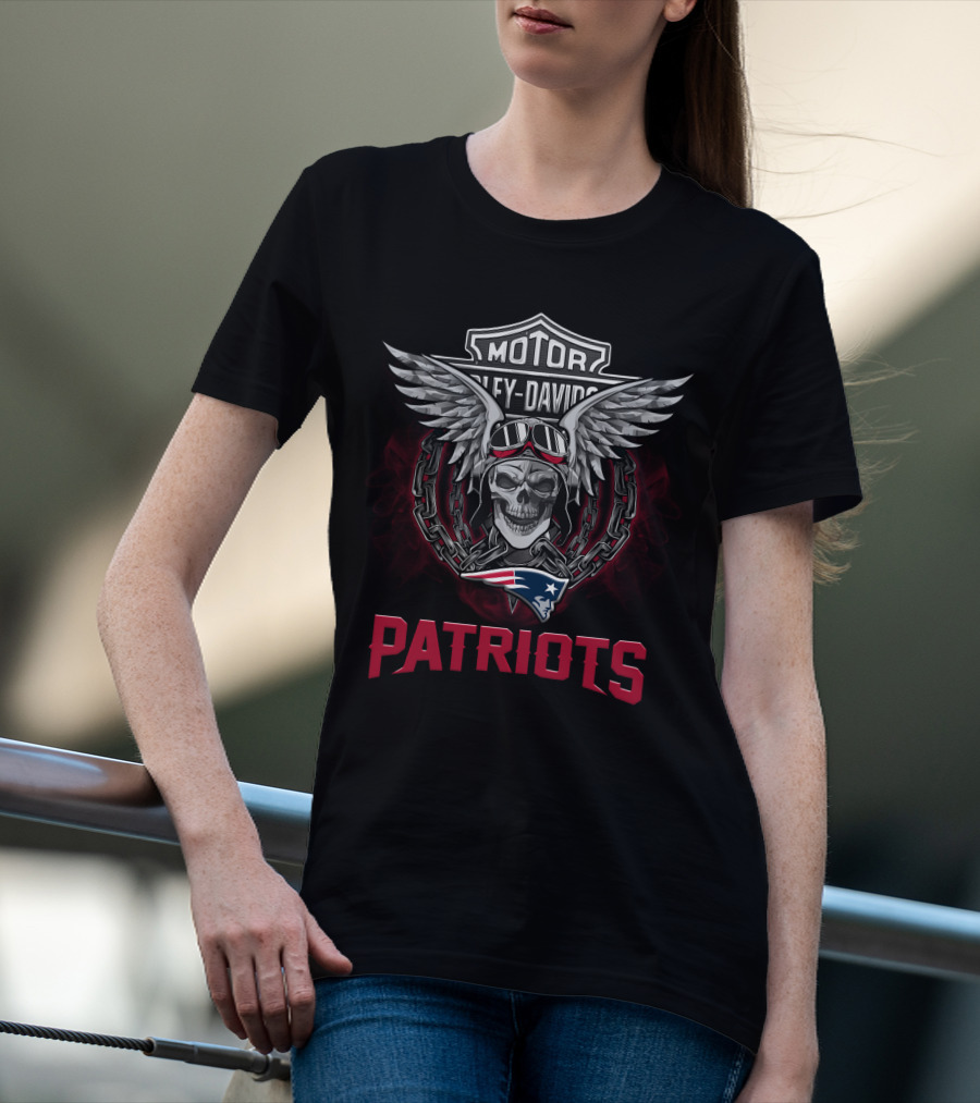 Harley Davidson Motor Skull Wings Chains Goggles Nfl New England Patriots T-Shirt
