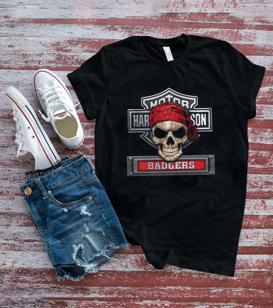 Harley Davidson Motorcycle Biker Skull Wisconsin Badgers T-Shirt
