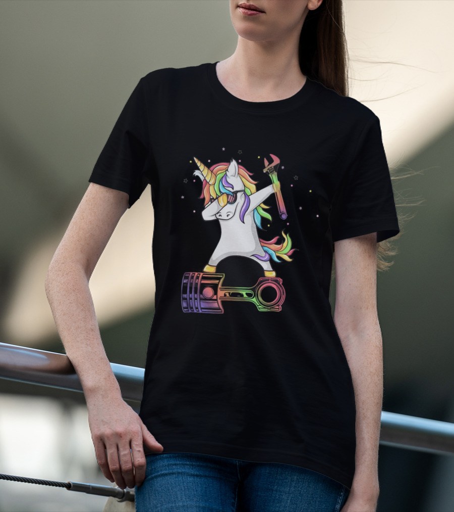 Mechanic Dabbing Unicorn Rainbow Wrench Piston T-Shirt