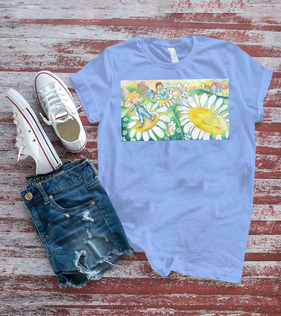 Lodo Happy Sunflower Meadows With Kids And Bunny In A Vibrant Landscape T-Shirt