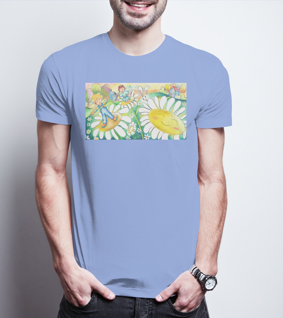 Lodo Happy Sunflower Meadows With Kids And Bunny In A Vibrant Landscape T-Shirt