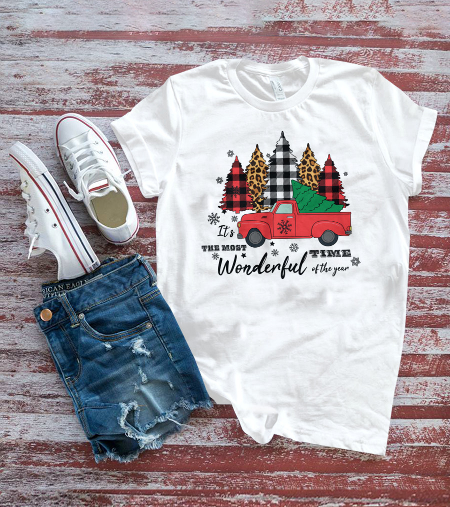 It's The Most Wonderful Time Of The Year Plaid And Leopard Pine Trees Red Truck T-Shirt
