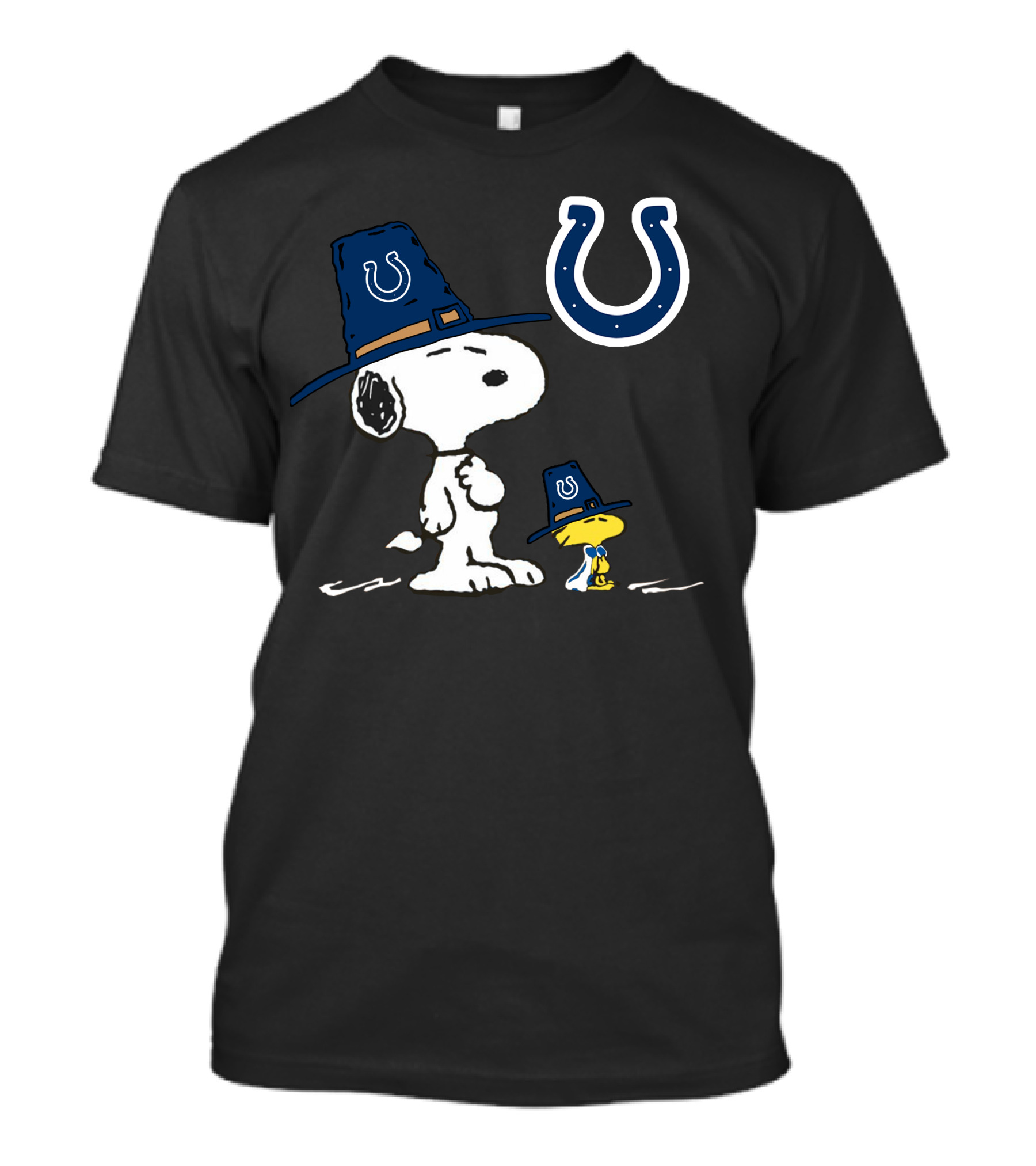 Colts Snoopy And Woodstock Wearing Pilgrim Hats With Indianapolis Colts Horseshoe T-Shirt