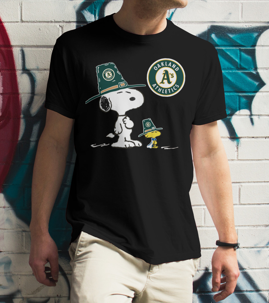 Oakland Athletics Snoopy And Woodstock Wearing Team Hats T-Shirt
