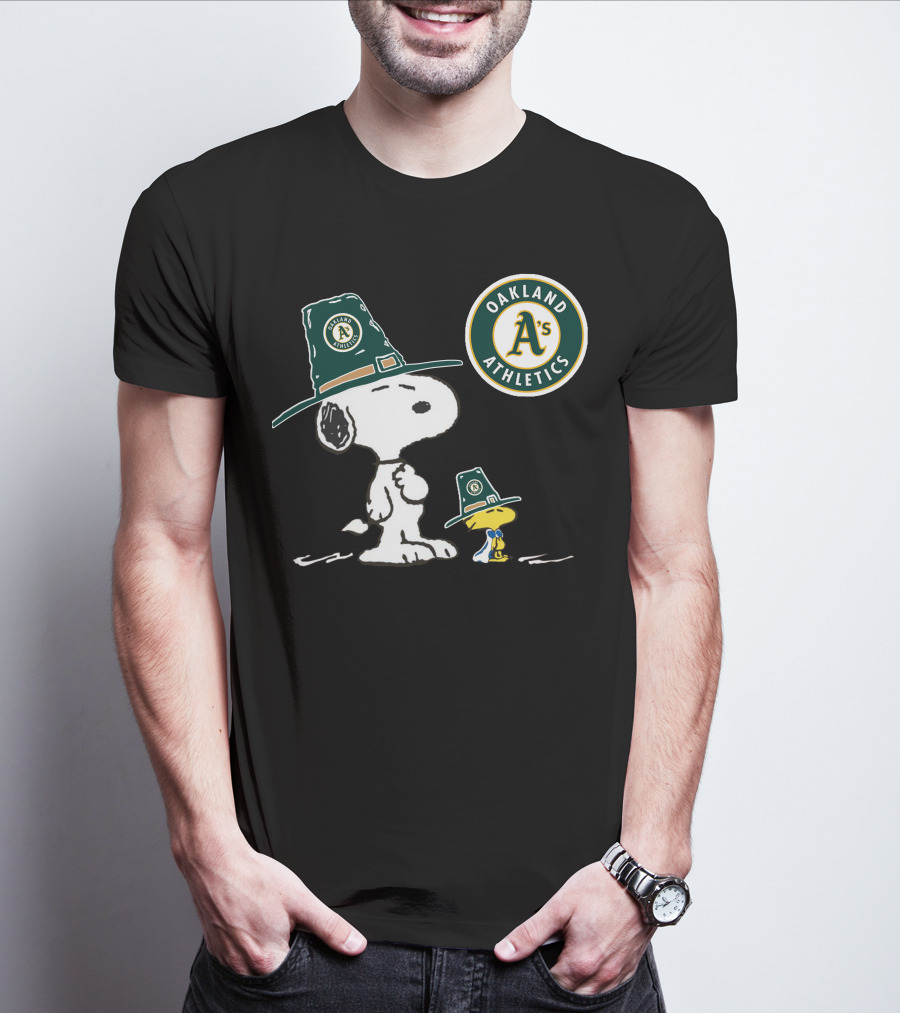 Oakland Athletics Snoopy And Woodstock Wearing Team Hats T-Shirt