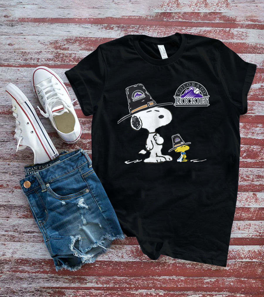 Colorado Rockies Snoopy Woodstock Pilgrim Hat T-Shirt