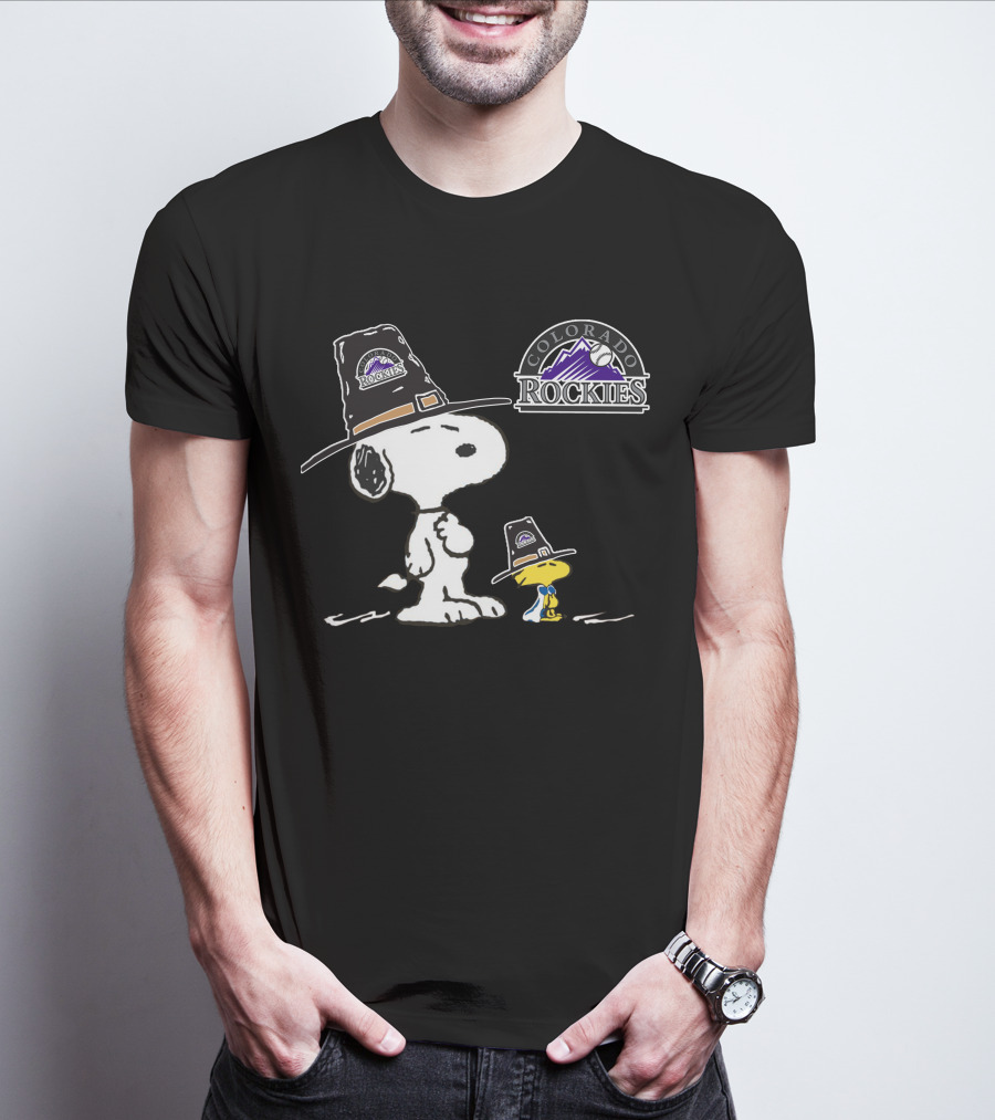 Colorado Rockies Snoopy Woodstock Pilgrim Hat T-Shirt