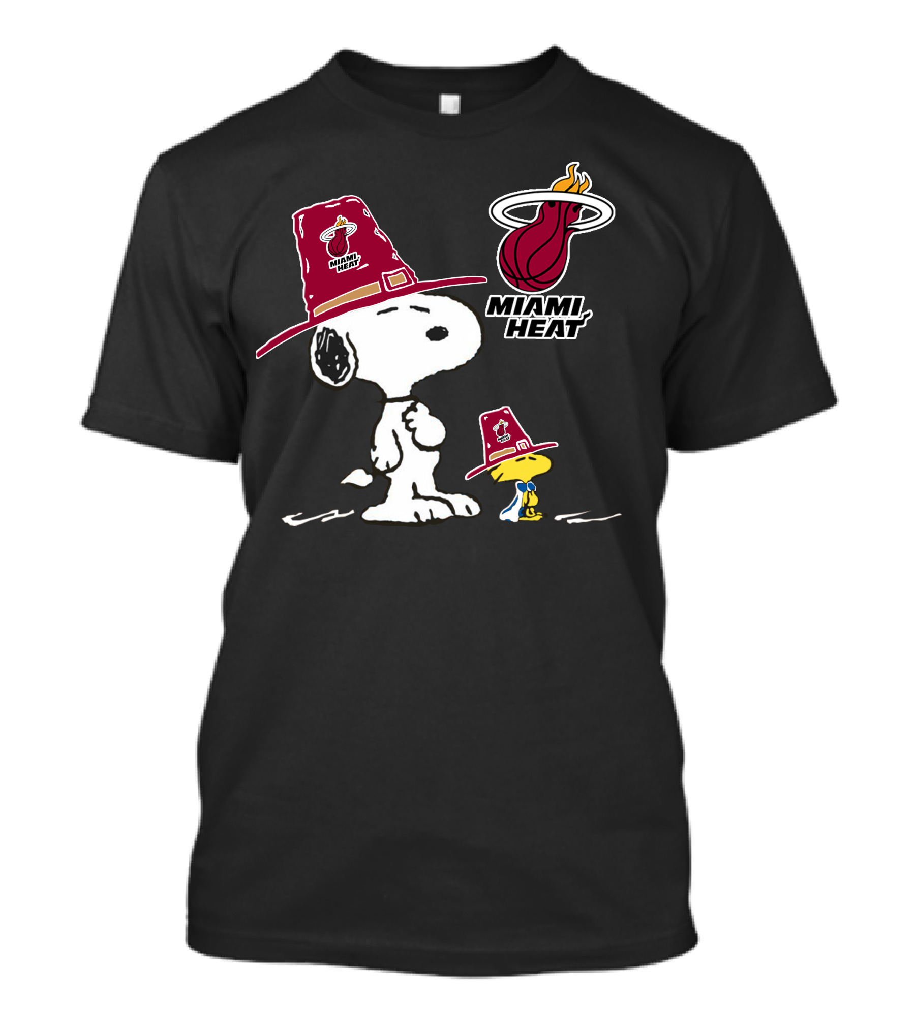 Snoopy And Woodstock In Miami Heat Hats With Team T-Shirt