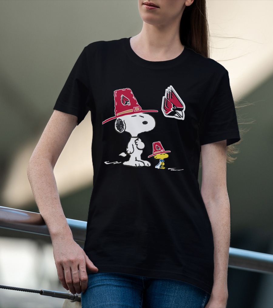 Ball State Cardinals Snoopy And Woodstock Pilgrim Hats Peanuts Sports Collaboration T-Shirt