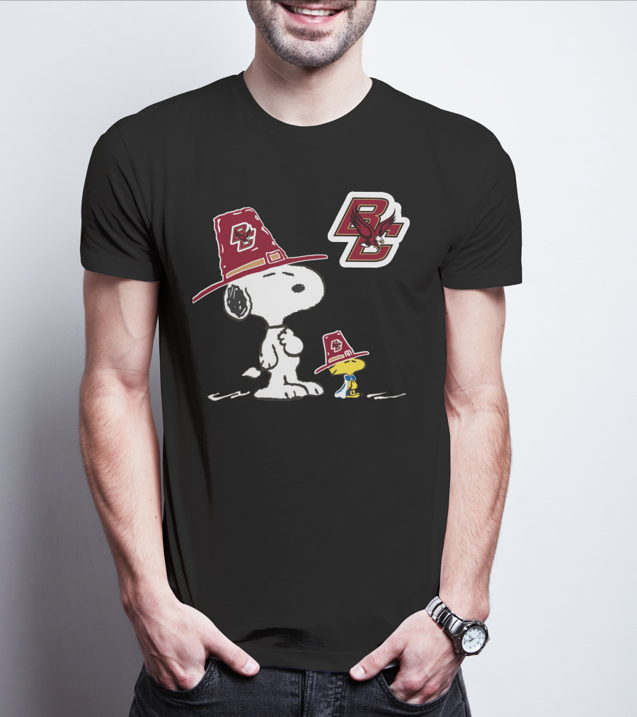 Boston College Eagles Snoopy Woodstock BC Logo Pilgrim Hats T-Shirt